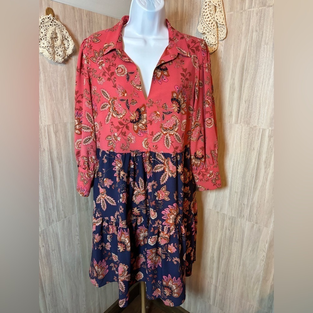 Vince Camuto Reddish Pink and Blue Floral Paisley Long Sleeve Dress